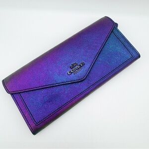 COACH Hologram Oil slick Foldover Wallet Purple Pink Green 57213 Leather RARE
